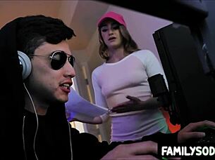 gamer stepbro gives blowjob then bangs stepsis creampie