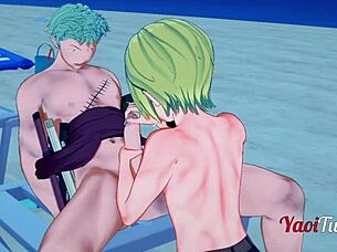 one piece yaoi - zoro x sanji handjob and blowjob on beach
