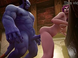 Blue man dominates elf in wild Warcraft parody.