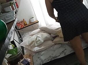 curvy milf cleans her room secretly