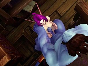 Blue man dominates elf in wild Warcraft parody.