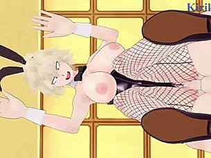 mitsuki bakugo and kyoka jiro in bunny outfits with izuku midoriya