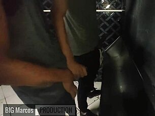 pornstars fuck bareback in sex club bathroom with blowjobs and cumshots