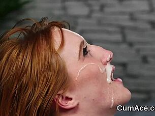 Slut babe swallows massive cum load.