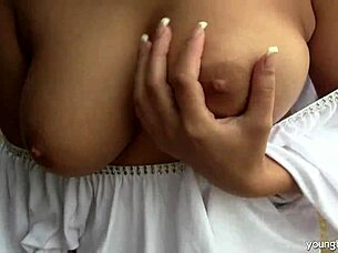 Busty Teen Rita Masturbates Outdoors with Big Tits Exposed