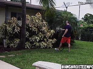 young brunette plays with hose before he joins in the fun