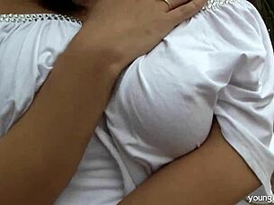 Busty Teen Rita Masturbates Outdoors with Big Tits Exposed