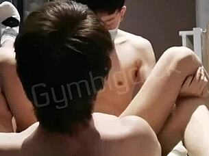 Handsome gay stud delivers intense blowjob and bareback fuck.