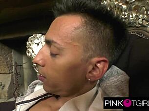 kiara the sexy shemale deepthroats with her enormous cock in heels and stockings