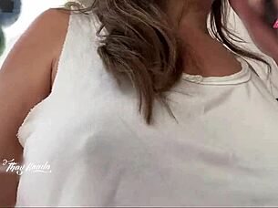 Hot Wife Flashes Big Tits Shopping Without Bra for Seller