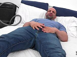 3-way scene with two babes and a man.