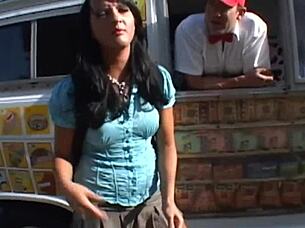 Skinny Brunette Rides Cowgirl In Van