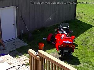 Inked brunette its cleo masturbates outdoors in front of peeping neighbor