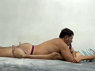 muscular twink gets his ass sucked for the first time by bodybuilder in gay anal scene