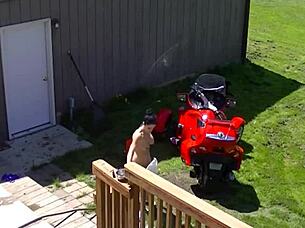 Inked brunette its cleo masturbates outdoors in front of peeping neighbor