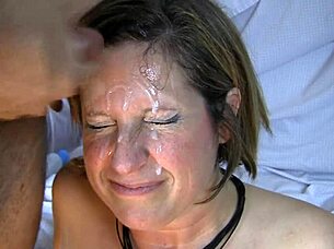 Ms Amy's shy tits get covered in cum during group GANGBANG FACIAL.