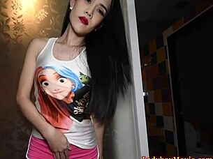 Sweet ladyboy Wawa gives blowjob and gets ass fucked