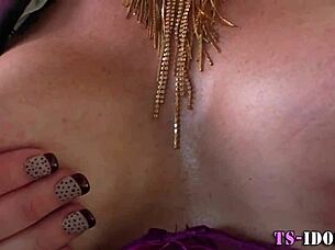 The tgirl in lingerie deepthroats a big cock and gets a facial, feeling so glamorous.