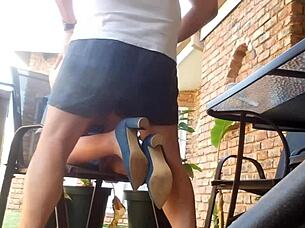 Stepmom's Upskirt View While Dildo Fucking Her Tight Pussy