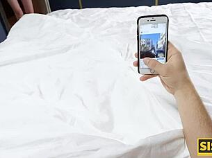 stepsister spreads legs for stepbrother's blowjob