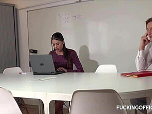 Maintenance Man Helps Cool Down the Horny Secretary with Handjob