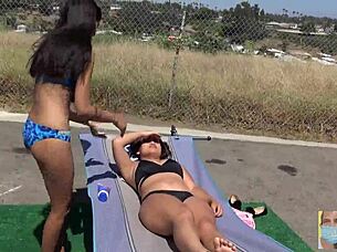 Erotic goddess gets outdoor massage