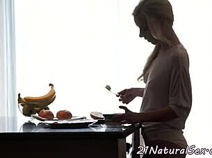 classy babe pussyfucked and facialized with natural tits