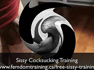 The sissy undergoes intense cock sucking training sessions.