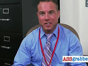 kinky manager uses fat dildo on worker in group threesome scene