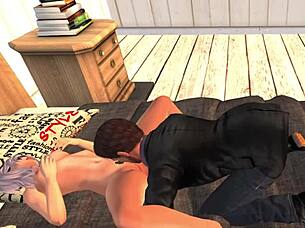 Theresa's heart pounds during her first anal experience in cartoon sex, building to an intense cumshot.