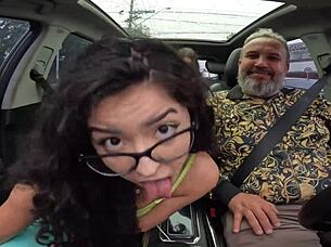 Teen pornstar Andry Silva strips in car during party interview