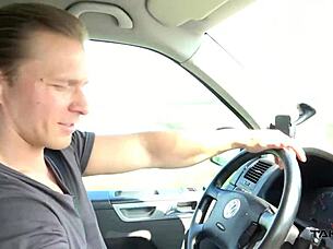 A chubby brunette gets deepthroat blowjobs and facial in a van