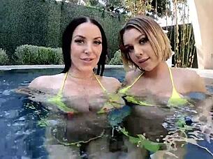 Angela White and friends enjoy pool time in big titty bikinis, sharing kisses and laughs.