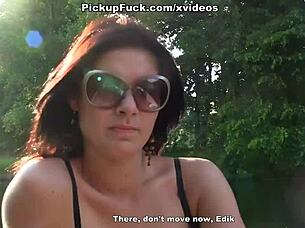 Amateur black beauty gets hardcore public sex in the woods for money