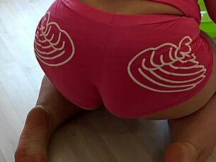 Gorgeous ass in tight shorts gets doggy style anal orgasm from mature bbw