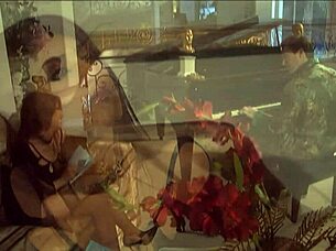 Brunette maid feels intense pleasure in threesome with boss and his friend, fingering her pussy and receiving big cock cumshot