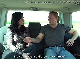 A chubby brunette gets deepthroat blowjobs and facial in a van