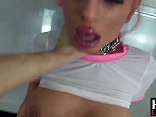 Evil erotic submissive teen with pink hair and butt plug gets her ass fucked rough.