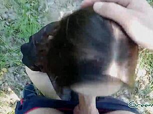 a quick outdoor encounter in the forest behind the parking lot