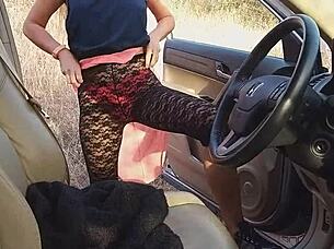 Outdoor Lingerie Pee Adventure in Nature with See-Through Close-Up Leg Shots in Public Car