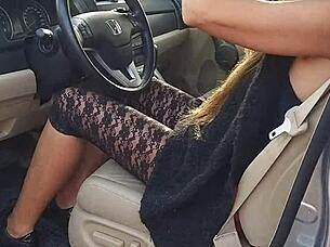 Outdoor Lingerie Pee Adventure in Nature with See-Through Close-Up Leg Shots in Public Car