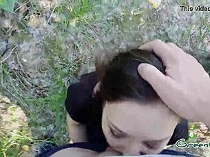 a quick outdoor encounter in the forest behind the parking lot