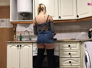 this slut in the kitchen can't get enough of those cocks