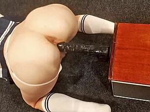 feeling the intense grip of her tight pussy as petite teen 18+ roughly rides big black dildo