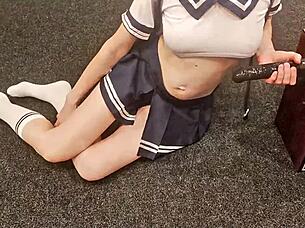 feeling the intense grip of her tight pussy as petite teen 18+ roughly rides big black dildo