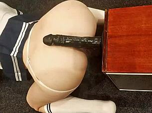 feeling the intense grip of her tight pussy as petite teen 18+ roughly rides big black dildo