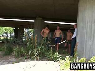 three hot twinks fucking outdoors with an old gay guy joining in