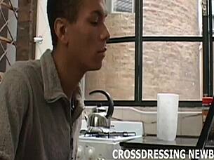 Crossdressing sissy slut loves blowjob and anal with ebony latina!