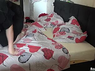 The horny wife enjoys neighbor's huge cock while husband works. She gets creampied in doggystyle and missionary.