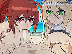 On the beach, blazblue hentai characters get uncensored in 3d cartoon
